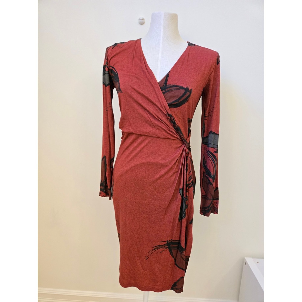 Desigual Wrap Dress Ruched V Neck Abstract Print Long Sleeve Small
